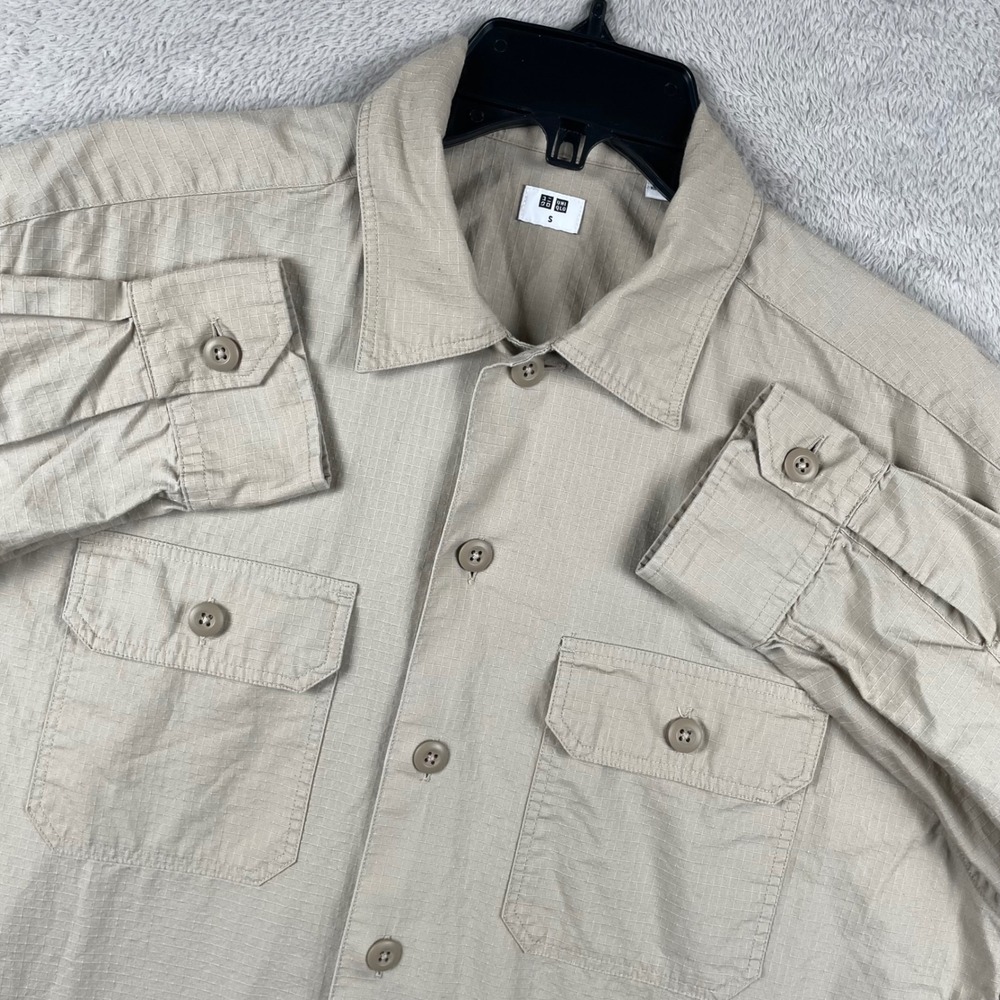 Uniqlo Oversized Work Shirt Mns Small Beige Ripstop Utility Button Up Pockets